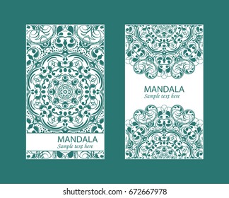 Flyer laser cut mandala. Cut paper card with lace pattern in dark teal. Wedding invitations, postcards and business card templates. Decorative cards for laser cutting.