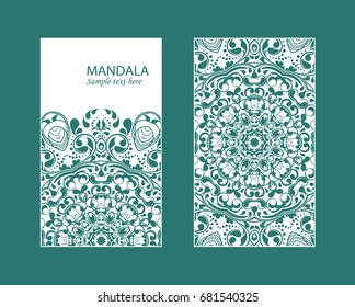 Flyer laser cut mandala. Cut paper card with lace pattern in dark teal. Wedding invitations, postcards and business card templates. Decorative cards for laser cutting.