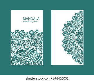 Flyer laser cut mandala. Cut paper card with lace pattern in dark teal. Wedding invitations, postcards and business card templates. Decorative cards for laser cutting.
