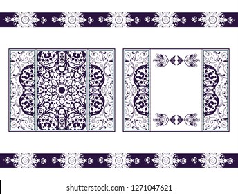 Flyer for laser cutting mandala. Vector paper card with purple, crimson lace pattern. Wedding invitations, cards and business card templates. Decorative laser cut cards for design