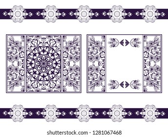 Flyer for laser cutting mandala. Vector paper card with purple, crimson lace pattern. Wedding invitations, cards and business card templates. Decorative laser cut cards for design