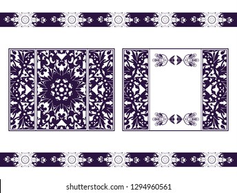 Flyer for laser cutting mandala. Vector paper card with purple, crimson lace pattern. Wedding invitations, cards and business card templates. Decorative laser cut cards for design