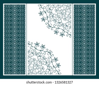 Flyer for laser cutting mandala. Vector paper card with purple, crimson lace pattern. Wedding invitations, cards and business card templates. Decorative laser cut cards for design
