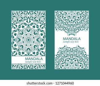 Flyer laser cutting mandala.Vector paper card with lace pattern of green, turquoise color. Wedding invitations, cards and business card templates. Decorative laser cutting cards for design