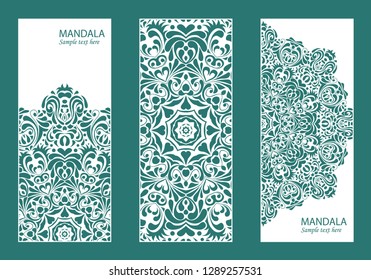 Flyer laser cutting mandala.Vector paper card with lace pattern of green, turquoise color. Wedding invitations, cards and business card templates. Decorative laser cutting cards for design