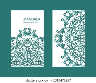 Flyer laser cutting mandala.Vector paper card with lace pattern of green, turquoise color. Wedding invitations, cards and business card templates. Decorative laser cutting cards for design