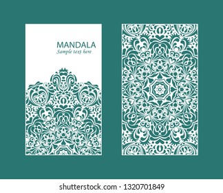 Flyer laser cutting mandala.Vector paper card with lace pattern of green, turquoise color. Wedding invitations, cards and business card templates. Decorative laser cutting cards for design