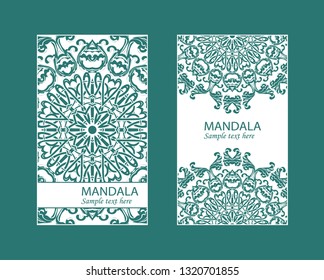 Flyer laser cutting mandala.Vector paper card with lace pattern of green, turquoise color. Wedding invitations, cards and business card templates. Decorative laser cutting cards for design
