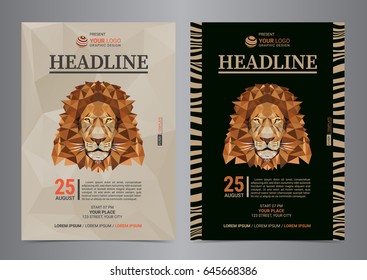 Flyer Layout with Lion abstract portrait. Visit the Zoo. Vector illustration.