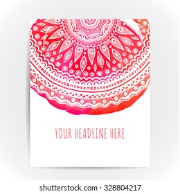 Flyer layout with round ornament at pink and red watercolor backdrop. Design concept for yoga, beauty and spa salons. Ethnic motif.