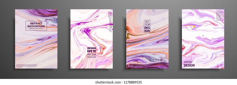 Flyer layout template with mixture of acrylic paints. Liquid marble texture. Fluid art. Applicable for design cover, flyer, poster, placard. Mixed blue, purple, orange and white paints.