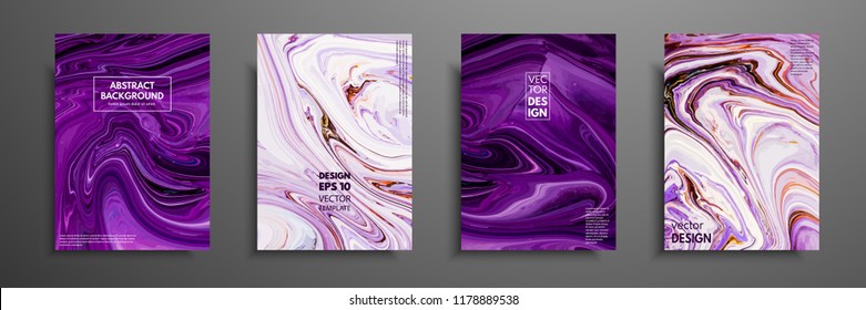 Flyer layout template with mixture of acrylic paints. Liquid marble texture. Fluid art. Applicable for design cover, flyer, poster, placard. Mixed blue, purple, orange and white paints.