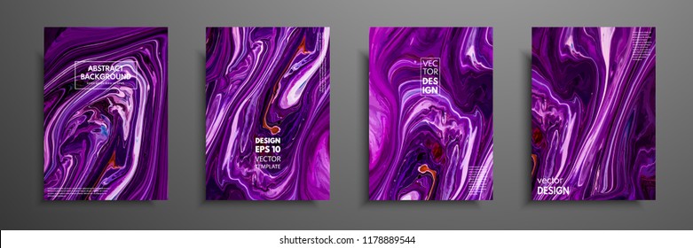 Flyer layout template with mixture of acrylic paints. Liquid marble texture. Fluid art. Applicable for design cover, flyer, poster, placard. Mixed blue, purple and orange paints.