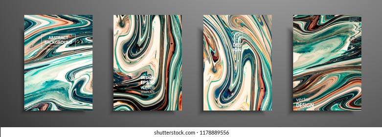 Flyer layout template with mixture of acrylic paints. Liquid marble texture. Fluid art. Applicable for design cover, flyer, poster, placard. Mixed green, brown and yellow paints.