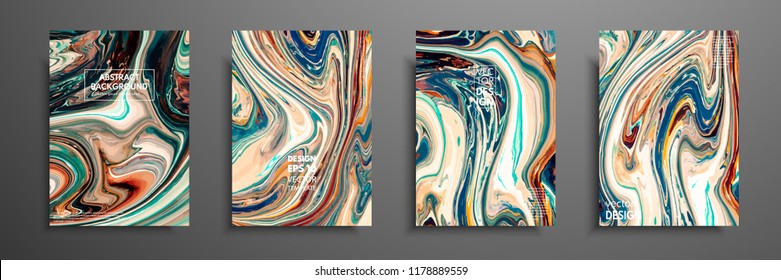 Flyer layout template with mixture of acrylic paints. Liquid marble texture. Fluid art. Applicable for design cover, flyer, poster, placard. Mixed green, brown and yellow paints.