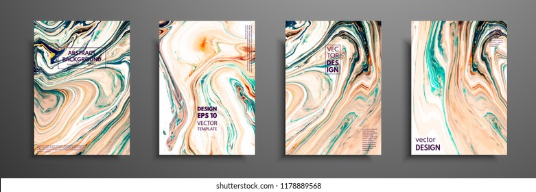 Faltschachtel mit einer Mischung aus Acrylfarben. Flüssiger Marmor-Textur. Fluid Art. Gilt für Design-Cover, Flyer, Poster, Plakat. Gemischte orangefarbene, grüne und weiße Farben.