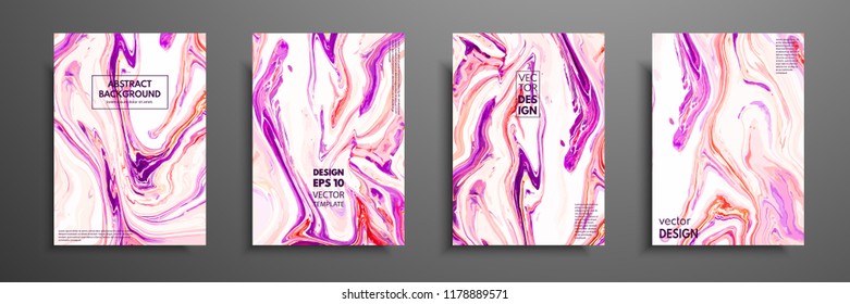Flyer layout template with mixture of acrylic paints. Liquid marble texture. Fluid art. Applicable for design cover, flyer, poster, placard. Mixed pink, purple and white paints.