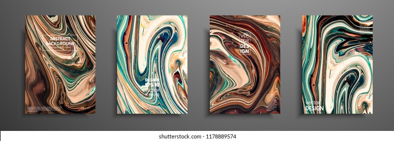 Flyer layout template with mixture of acrylic paints. Liquid marble texture. Fluid art. Applicable for design cover, flyer, poster, placard. Mixed green, brown and yellow paints.