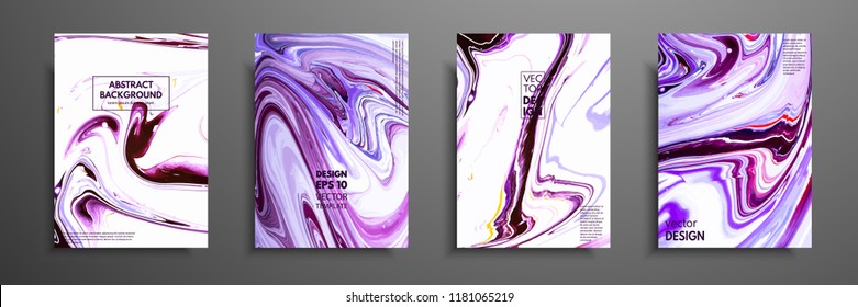 Flyer layout template with mixture of acrylic paints. Liquid marble texture. Fluid art. Applicable for design cover, flyer, poster, placard. Mixed blue, purple and white paints.