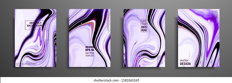 Flyer layout template with mixture of acrylic paints. Liquid marble texture. Fluid art. Applicable for design cover, flyer, poster, placard. Mixed blue, black, purple and white paints.