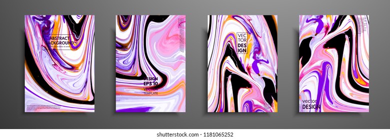 Flyer layout template with mixture of acrylic paints. Liquid marble texture. Fluid art. Applicable for design cover, flyer, poster, placard. Mixed pink, orange, blue and white paints.