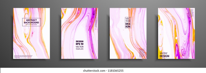 Flyer layout template with mixture of acrylic paints. Liquid marble texture. Fluid art. Applicable for design cover, flyer, poster, placard. Mixed pink, purple, orange and white paints.