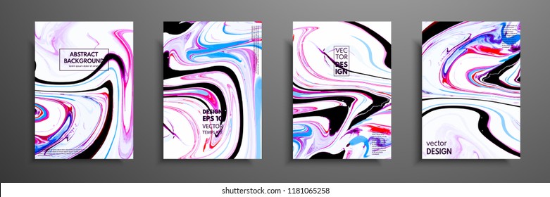 Flyer layout template with mixture of acrylic paints. Liquid marble texture. Fluid art. Applicable for design cover, flyer, poster, placard. Mixed pink, blue, black and white paints.