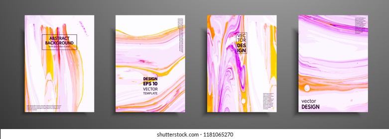 Flyer layout template with mixture of acrylic paints. Liquid marble texture. Fluid art. Applicable for design cover, flyer, poster, placard. Mixed pink, purple, orange and white paints.