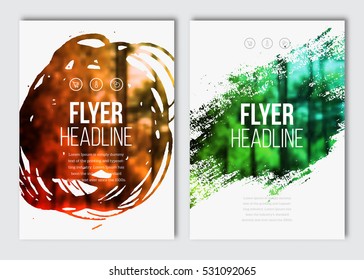 Flyer Layout Template. Vector Brochure Background With Elements For Magazine, Cover, Poster, Layout Design. Stain, Blot, Ink, Watercolor With Color Effect.