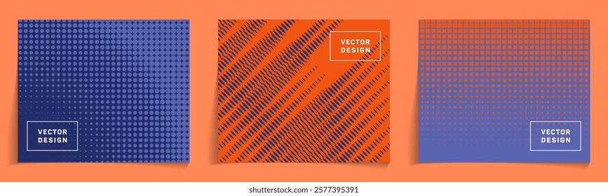 Flyer layouts with halftone gradient backdrops vector set. Digital notebook cover pages. Abstract patterns for business projects. Tech structural prints.