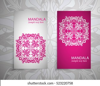 flyer, leaflet, brochure, cover of mandala, abstract Oriental motif. Hand painted texture background. Decorative elements for design print. Vector. Laser cut floral holiday wedding invitations. EPS 10