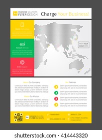 Flyer (leaflet) layout vector design. A4 size page with sample text, icons, decorative elements, world map concept, ready to print. A4 flyer (brochure) layout in blue, red, green colors.

