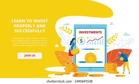 Flyer Learn to Invest Properly and Successfully. Poster  Work on Companys Reputation. On Screen Tablet Application for Online Investment. People Count Money Cartoon. Vector Illustration.