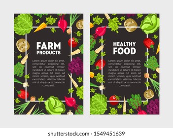 Flyer with lettering and a frame of vegetables and herbs. Vector illustration.