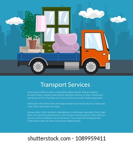 Flyer with Lorry, Freight Truck is Transporting Furniture on the Background of the City, Transport Services and Logistics, Shipping and Freight of Goods, Poster Brochure Design, Vector Illustration