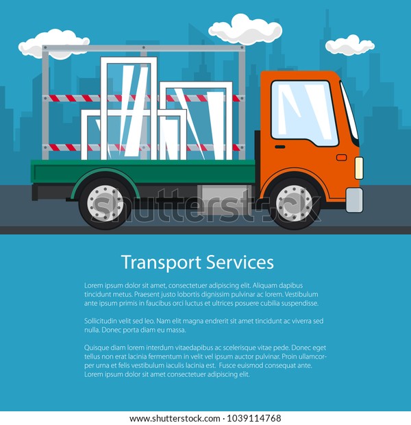 Flyer of Lorry,\
Small Truck Transports Windows, Transportation and Cargo Delivery\
Services, Logistics, Shipping and Freight of Goods, Poster Brochure\
Design, Vector\
Illustration