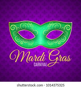 Flyer for Mardi Gras carnival. Green glitter mask with green sparkles. Seamless pattern from purple heraldic lily. Fleur de lis symbol for a masquerade. Text typography. Vector illustration