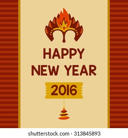 Flyer with a mask of red fire monkey year 2016. Postcard invitation to the feast a happy new year. Logo fiery trend of Christmas tree.