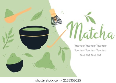 Volante con té matcha. Ilustración vectorial con té verde. Mug con latte matcha. Afiche con jarra verde matcha.