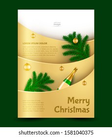 Flyer Merry Christmas theme. Champagne and spruce branches gold background. Vector template