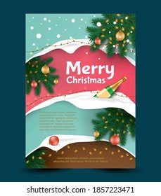 Flyer Merry Christmas theme. Spruce branches garland and snow. Vector template Cmyk profile