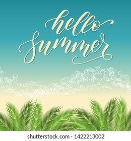 Flyer with modern handwritten brush calligraphy Hello Summer. Vector illustration.