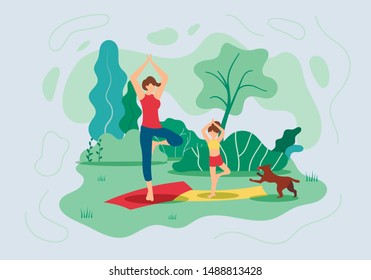 Flyer Mother And Daughter Do Yoga In Nature Flat. Woman With Child Stand On Rug In Pose Asana. Young Mother And Daughter Do Yoga  Park In Summer Dog Runs Next To. Vector Illustration.