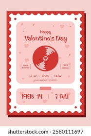 Flyer for music party for Valentine's Day.Party invitation template.Music poster design on pink background.Ideal design for social media,club.Greeting card in the form of postage stamp.