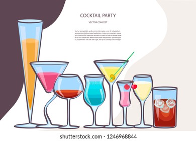 Flyer for night cocktail party. Colorful sign, bright alcoholic signboard, light banner. Vector illustration eps10