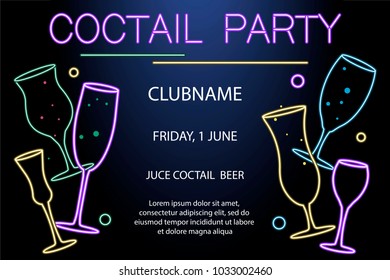 Flyer for night cocktail party. Neon sign, bright alcoholic signboard, light banner. Vector illustration eps10