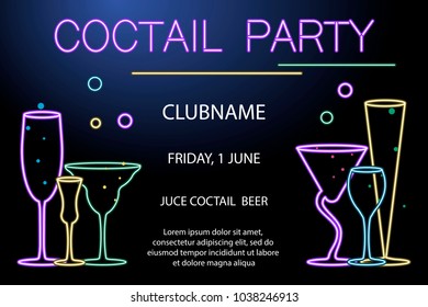 Flyer for night cocktail party. Neon sign, bright alcoholic signboard, light banner. Vector illustration eps10