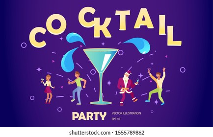 Flyer for night cocktail party. Neon sign, bright alcoholic signboard, light banner. Flat Art Vector illustration