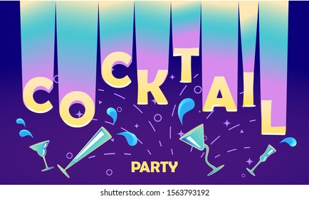 Flyer for night cocktail party. Neon sign, bright alcoholic signboard, light banner. Flat Art Vector illustration