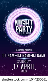 Flyer for night dance party. Round banner of luminous neon swirling lines and small triangles. Name of club and DJ. Night party flyer. Plexus background. Vector illustration. EPS 10